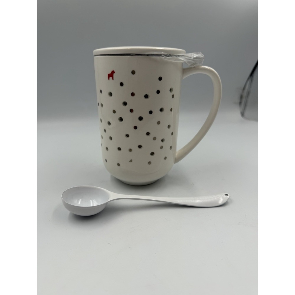 NEW Davids Tea Polka Dot Mug Infuser, Lid, & Spoon White Ceramic Cup 16oz
